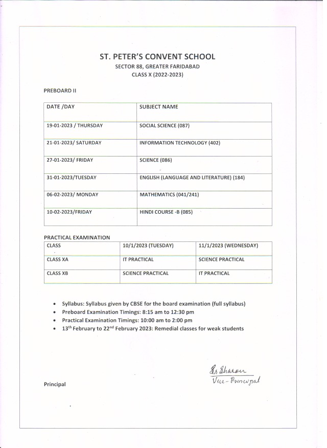 Pre Board examination date sheet ( X )